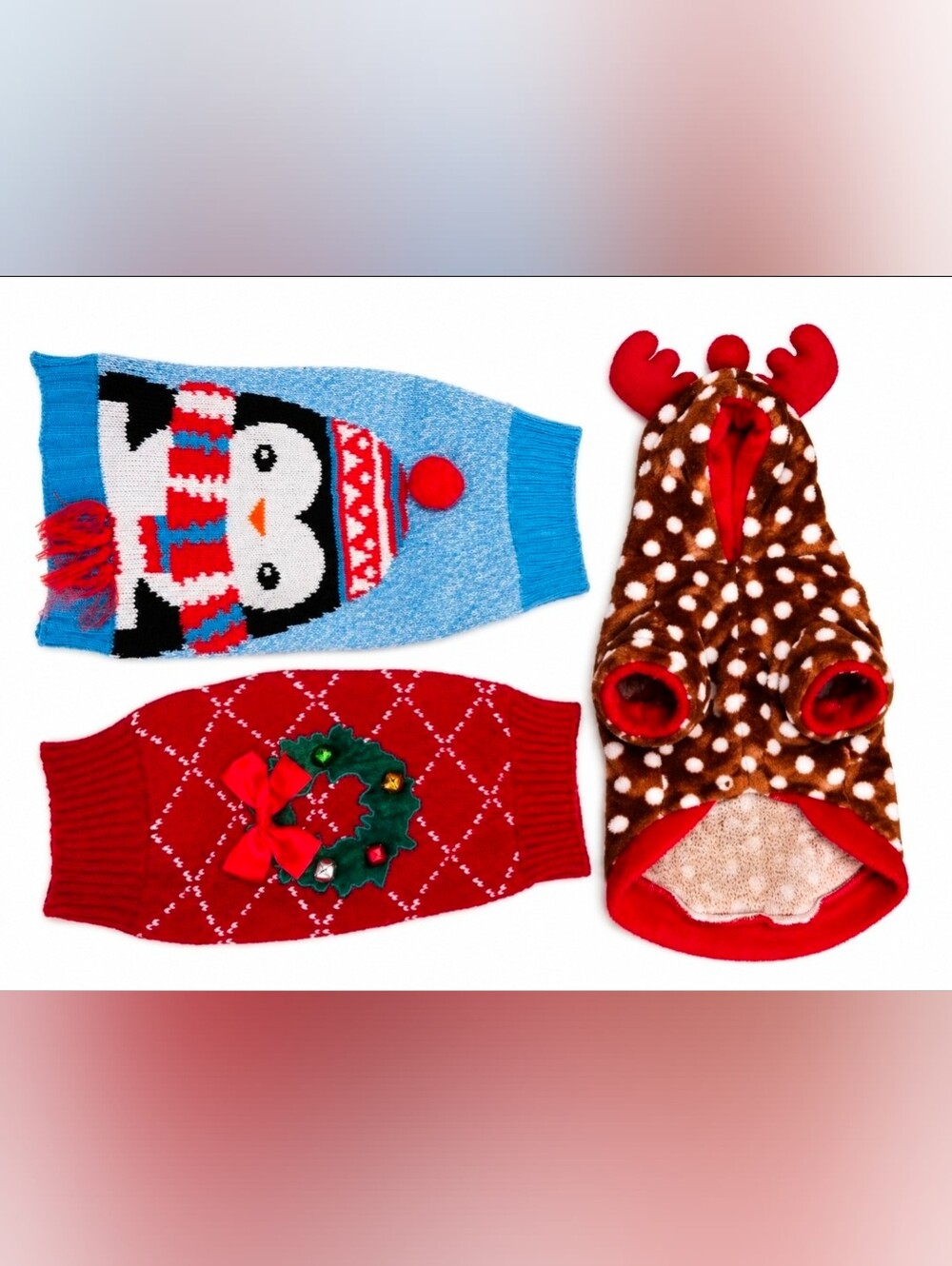 3 Small Christmas Style Dog Costumes Penguin Wreath Reindeer Outfits